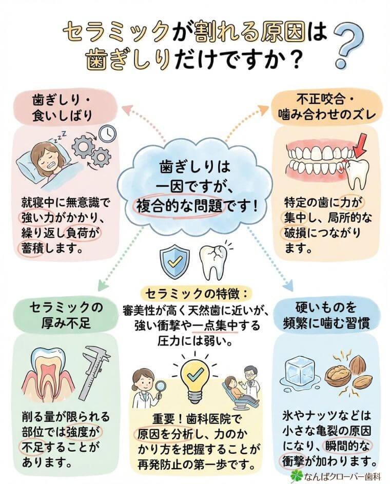 セラミックが割れる原因は歯ぎしりだけですか？